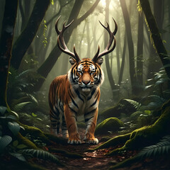 The tiger has horns like a deer in the forest.