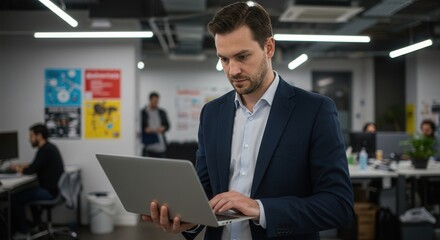 Dynamic businessman working on laptop in vibrant open office setting, presenting a modern and professional image for success, entrepreneurship, and technology concepts