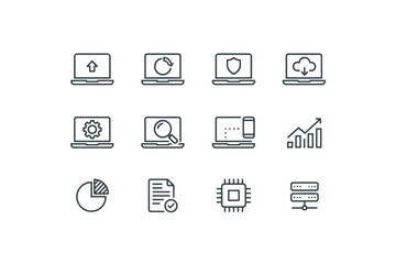Technology and data analysis line icon set. Vector icons for cloud computing, data security, server hosting, cpu processing, business analytics, and information management.