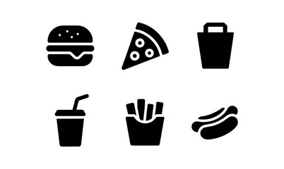 Simple black fast food icons set: burger, pizza, drink, fries, hot dog
