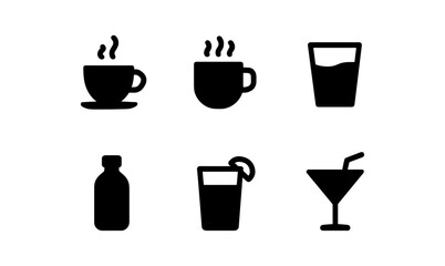 Set of beverage icons: coffee, juice, cocktail in minimalist black silhouette style