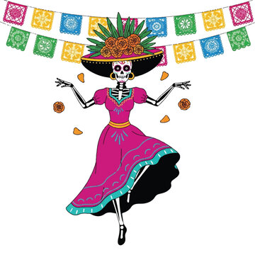 Colorful cartoon illustration of a dancing female skeleton wearing a pink dress and a flower-adorned hat, surrounded by papel picado flags and marigold petals on a white background.