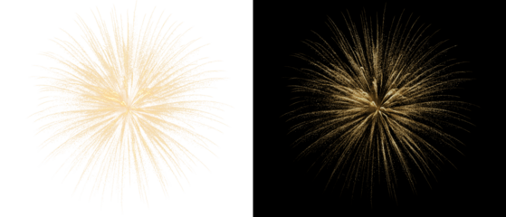  Golden fireworks display with bright sparks illuminates the dark sky. An elegant festive explosion for the New Year in PNG format.