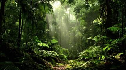 Lush green tropical rainforest with sunlight filtering through trees