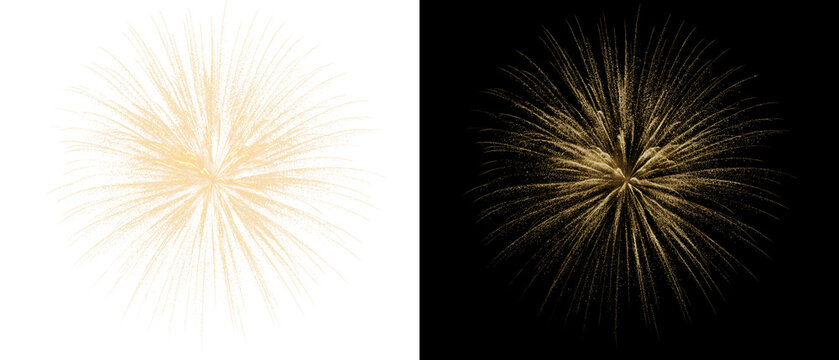  Golden fireworks display with bright sparks illuminates the dark sky. An elegant festive explosion for the New Year in PNG format.