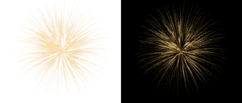  Golden fireworks display with bright sparks illuminates the dark sky. An elegant festive explosion for the New Year in PNG format.
