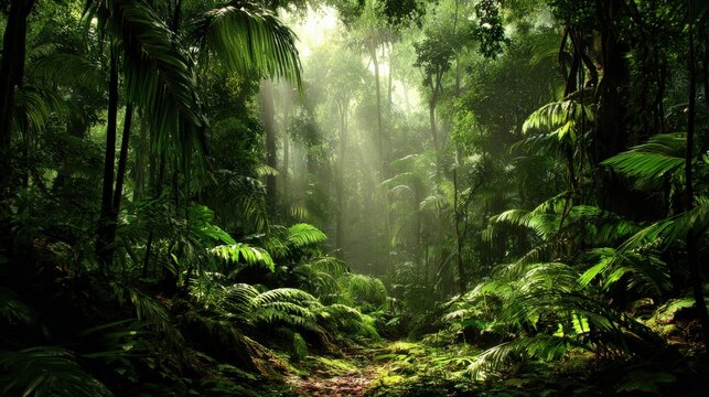 Lush green tropical rainforest with sunlight filtering through trees