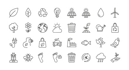 Ecology line icon collection. Environment, green energy, and sustainability concept. Symbols for recycling, climate change, conservation, pollution, and eco friendly living.