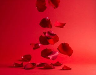 赤い背景に複数の赤い薔薇の花びらが散って落ちている