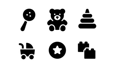 Set of black silhouette baby and toddler toys icons for kids