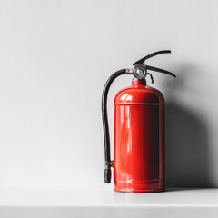 Obraz premium A red fire extinguisher stands against a plain wall, symbolizing safety and fire prevention in a minimalist setting.