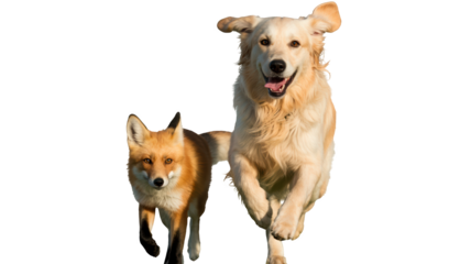 A dog and a fox run side-by-side in a spirited chase.