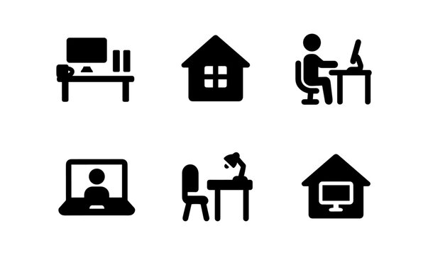 Home office setup icons: minimalist black silhouettes for remote work and study