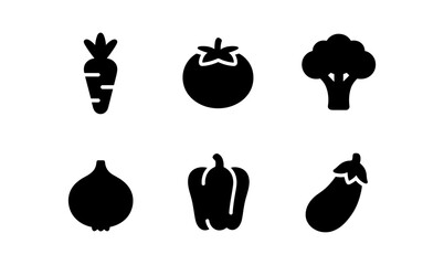 Minimalist vegetable icons: carrot, tomato, broccoli, onion, bell pepper, eggplant silhouettes