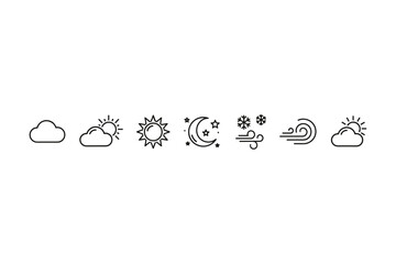 Set of stylish weather icons in modern line style, cloud, sun, moon, snow, wind, forecast symbols, minimalist design for web and mobile apps, meteorology signs vector