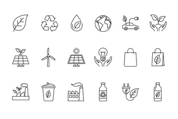Set of Thin Line Icons Illustrating Sustainability, Renewable Energy, Green Technology, Eco-Friendly Practices, Recycling, Electric Vehicles, Solar Power, Wind Energy, and Environmental Protection
