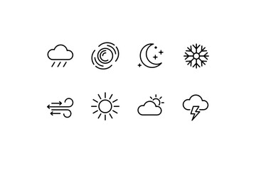 Set of weather icons line style vector design collection. Rain cloud, cyclone, crescent moon with stars, snowflake, wind, sun, partly cloudy, thunderstorm symbols for apps and websites