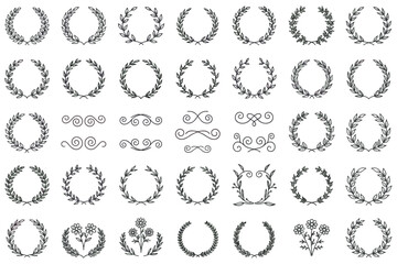 Elegant set of hand-drawn laurel wreaths, floral branches, and decorative leaf frames, vintage botanical design elements for invitations, logos, and ornamental borders