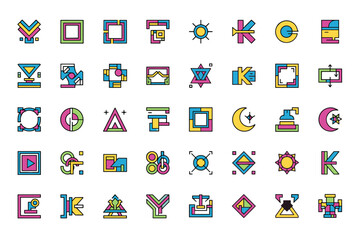 Colorful abstract geometric letter Y and K elements set, modern design shapes, creative typography symbols, vibrant icon collection, graphic design resources, vector art