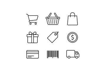 Shopping icons set including cart, basket, bag, gift box, price tag, coin, credit card, barcode, and delivery truck for ecommerce and retail