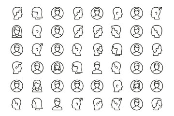 Diverse Silhouette Head Icons Collection, Male and Female Avatars, Profile Face Outlines, User Symbols, Person Portraits, Male Gender Symbols, Round Frame Heads, Minimalist Vector Set