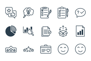 Comprehensive survey icon set with feedback, ratings, analytics, checklist, idea, and satisfaction symbols for business, marketing, and data analysis vector graphics