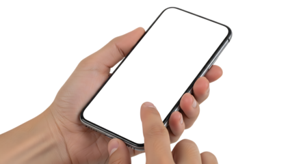 Hand holding a smartphone with a blank screen isolated on transparent background