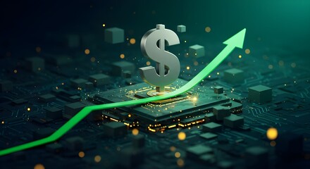 Digital Dollar on Microchip with Growth Arrow | Futuristic Financial Technology Concept, dollar going up