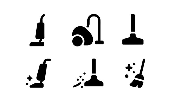 Set of cleaning equipment icons: vacuum, broom, dustpan silhouettes