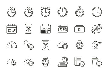 Time Icon Set with Timer, Alarm Clock, Stopwatch, Calendar, Hourglass, Watch, Speedometer, Cloud Time, and Scheduling Symbols for Business, Productivity, and Time Management Concepts