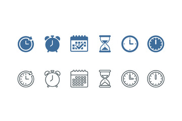 Vector time icon set with timer, alarm clock, calendar schedule, hourglass and analog clocks, time management symbols, countdown and reminder concepts, productivity and planning