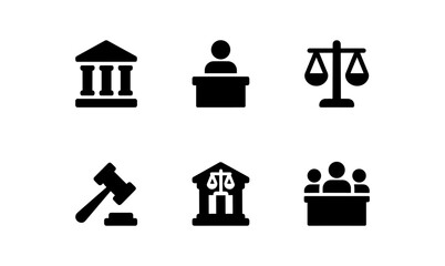 Law and justice icons set featuring court and legal symbols
