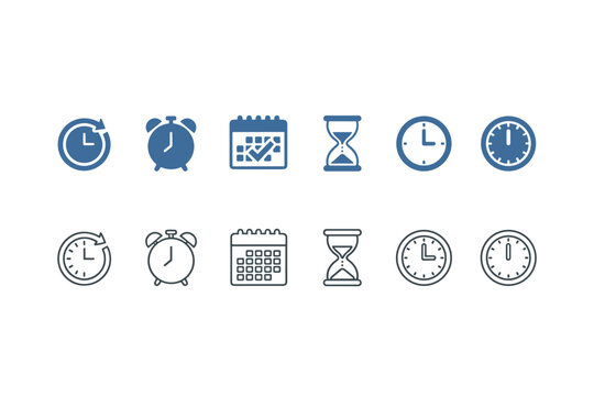 Vector time icon set with timer, alarm clock, calendar schedule, hourglass and analog clocks, time management symbols, countdown and reminder concepts, productivity and planning