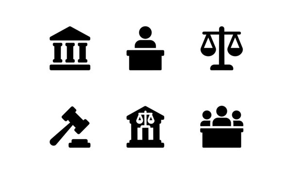 Law and justice icons set featuring court and legal symbols
