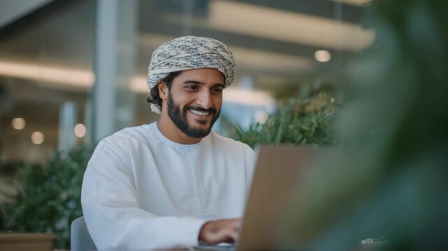 Relaxed Arab entrepreneur in white thobe working at laptop, office interior with clean minimalistic design, joyful expression and productive atmosphere