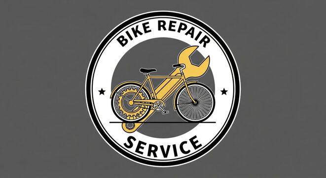 Reliable bike repair service logo featuring classic bicycle and wrench, perfect for your cycling shop or maintenance business promotional materials