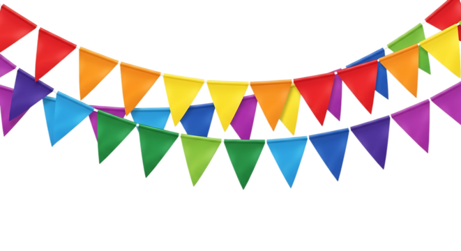 Colorful triangle bunting flags festive decoration isolated on transparent background