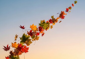 A vibrant streak of colorful autumn leaves ascends through a clear sky, showcasing a dynamic fall movement