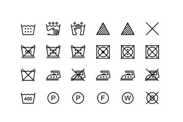 Laundry care symbols set, washing, ironing, bleaching, drying instructions icons collection, fabric care symbols for clothes maintenance, garment washing guidelines vector