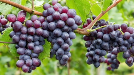 Lush bunches of fresh purple grapes on vine in outdoor vineyard setting