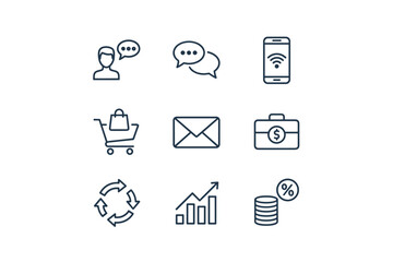 Modern Minimalist Business and Communication Line Icons Set with Shopping Cart, Email, Finance, Connectivity, Growth Chart and Percentage Symbols for Web and App Design