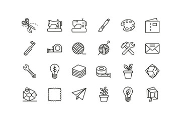 Set of craft and DIY hand-made tools and supplies icons collection, sewing machines, scissors, paintbrush, yarn, envelope, plants, measuring tapes, creative hobby and art materials