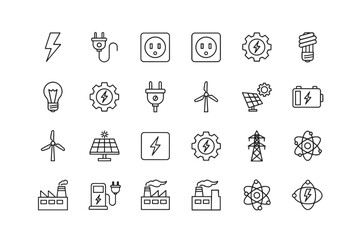 Set of Energy and Power Line Icons, Electrical Symbols, Renewable Energy, Solar Panel, Wind Turbine, Battery, Electric Plug, Light Bulbs, Factory, Atom Model, Energy Gear Concept