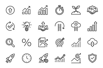 Set of vector outline icons representing progress, growth, development, success, productivity, business targets, time management, innovation, achievement, leadership, and cloud technology concepts