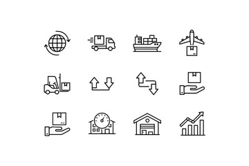 Set of line icons related to distribution, logistics, international shipping, delivery service, warehouse management, transport, supply chain, cargo handling, freight, and fast shipping symbols
