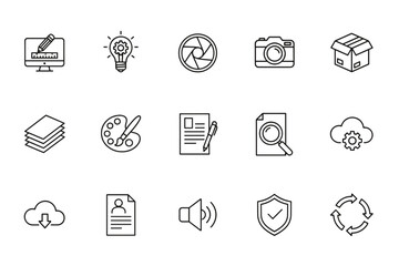 Set of thin line graphic design icons including digital creativity, photography, art palette, cloud storage, document editing, security, and multimedia concepts for creative projects