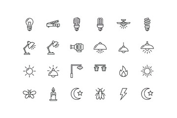 Set of 25 minimal outline light icons including bulbs, lamps, candle, fire, sun, moon, insect, lightning, modern and vintage lighting symbols for design and technology