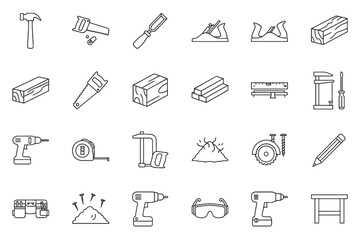 Set of detailed outline icons for carpentry tools, woodworking essentials, construction equipment, and DIY project symbols in vector format for craft design and home improvement