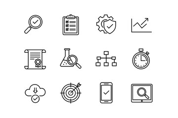 Quality control and assurance icon set with line style for web and technology, including checklist, analysis, certification, time management, cloud download, target, and mobile verification symbols