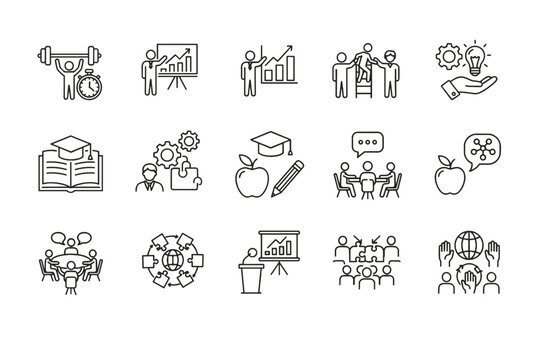 Minimalist line icons set for training, education, business growth, teamwork, strategy, and innovation concepts, including presentation, coaching, mentoring, collaboration, and learning symbols
